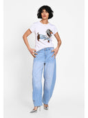 T-shirt cu print artistic frontal Alb leopard